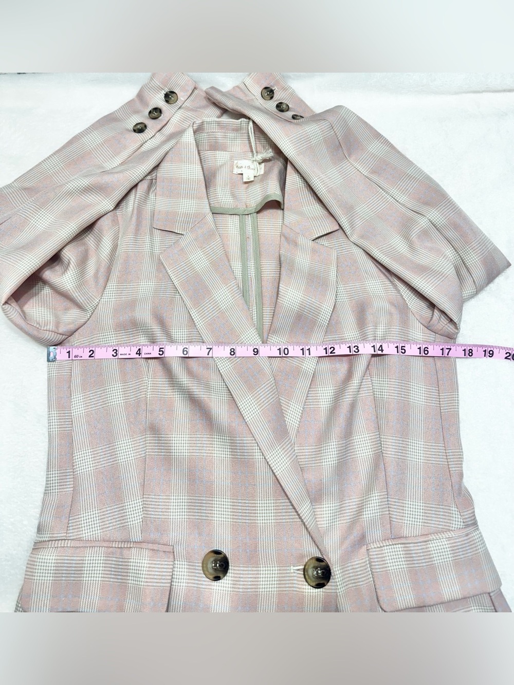 Hem & Thread Pink and Cream Plaid Double-Breasted Blazer Size Small - Picture 10 of 13